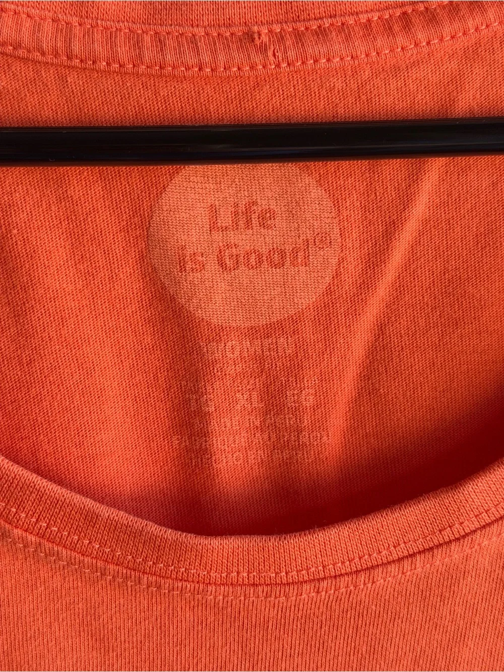 Life Is Good Bright Orange Scoop Neck Tee with Heart Graphic. “Change Is Good”